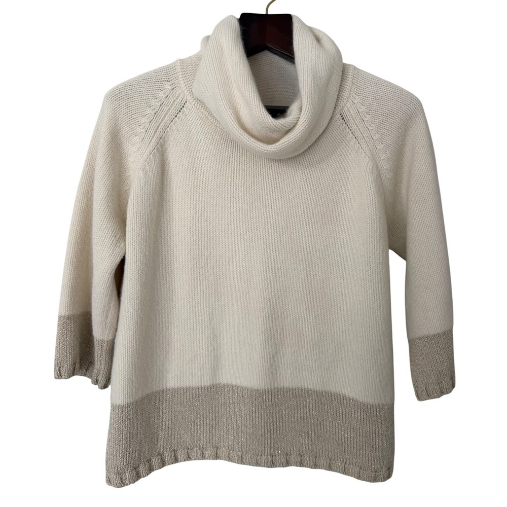 Ann Taylor Womens Large Cowl Neck Sweater Winter White Gold Metallic Rabbit Hair